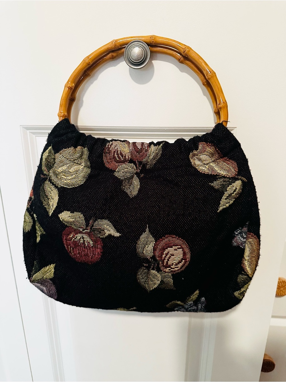 Fruit Tapestry Handbag Bamboo Handles Apples Grapes Folk Art Cottagecore